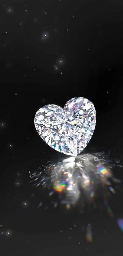 Heart-shaped diamond on black background with shining reflections.