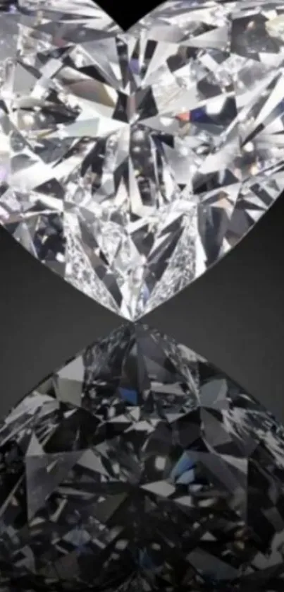 Heart-shaped diamond with reflection on black background, ideal for luxury wallpaper.