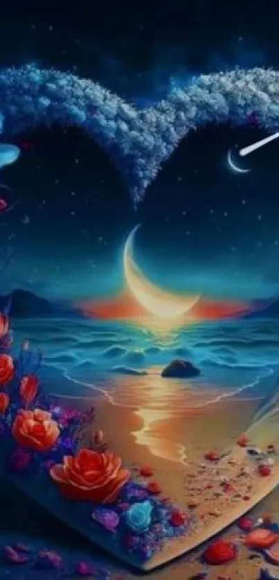 Heart-shaped dreamscape with flowers and moon over ocean.