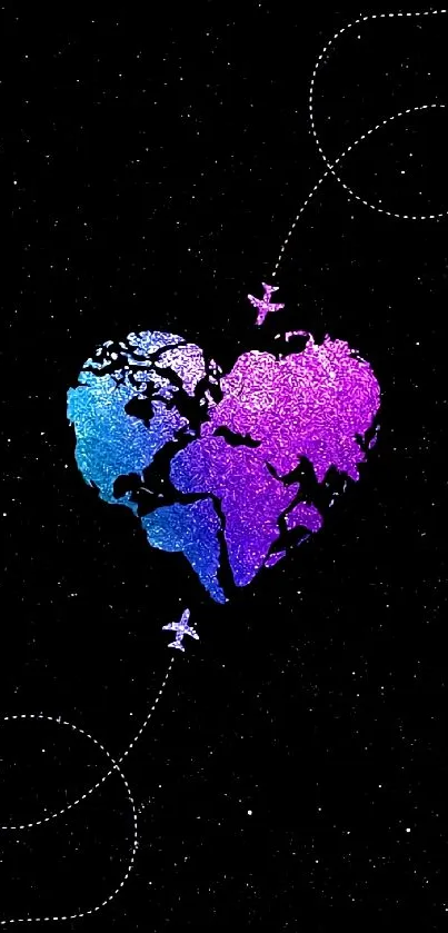 Heart-shaped world map with stars on black background.