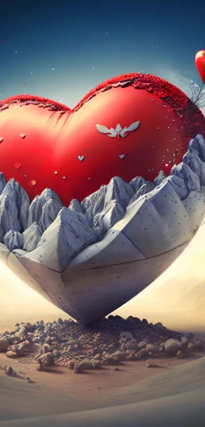 Surreal heart-shaped mountain landscape wallpaper.