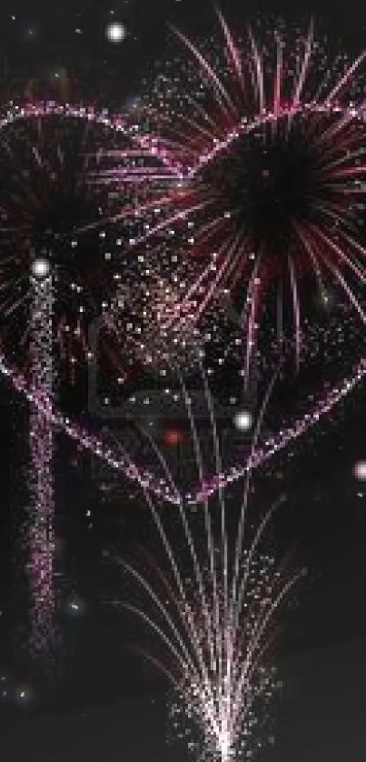 Heart-shaped pink fireworks against a black night sky.