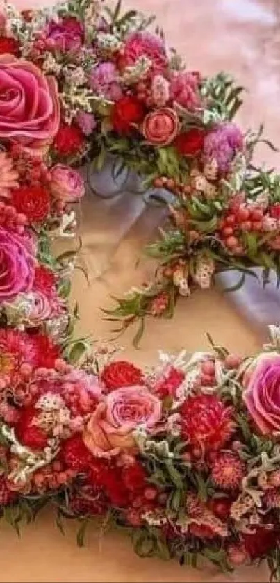 Heart-shaped floral wreath with pink roses and blossoms.