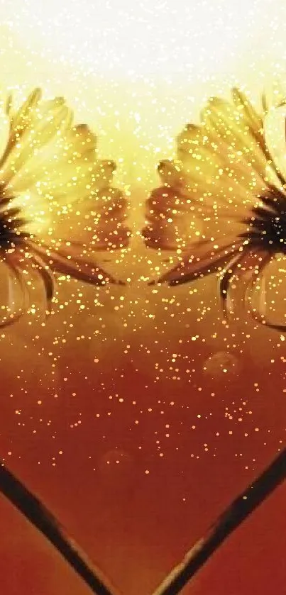 Heart-shaped floral art with golden background.