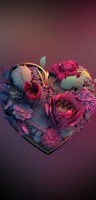 Heart-shaped floral artwork with vibrant colors on a gradient background.