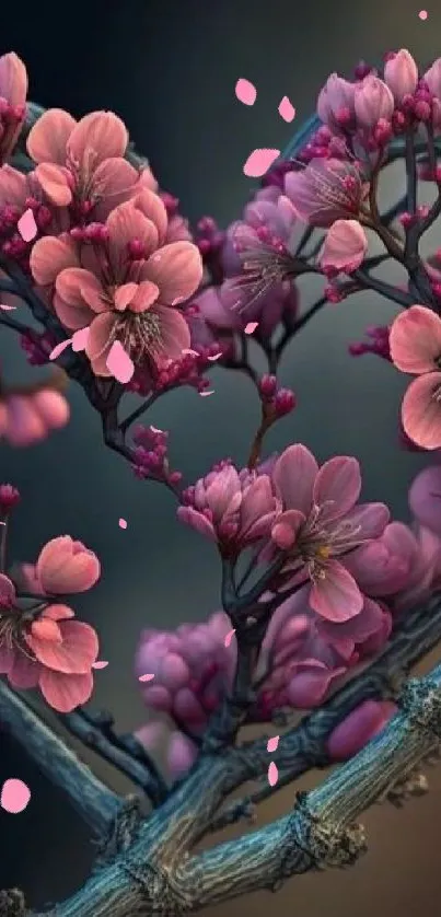 Heart-shaped branch with pink blossoms in artistic design.