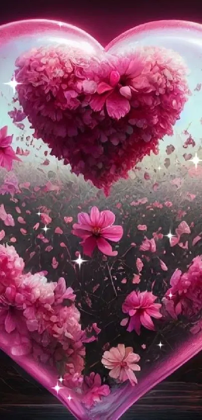 Heart-shaped floral art in vibrant pink tones.