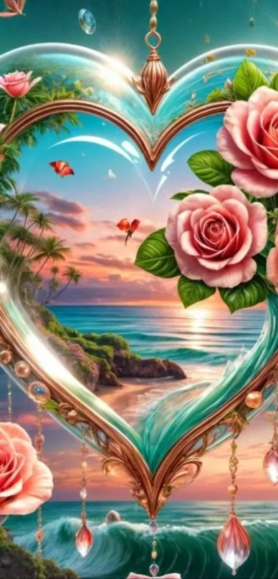 Heart-shaped floral scene with sunset and ocean