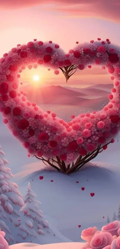 Heart-shaped floral design at sunset over snow-covered hills.