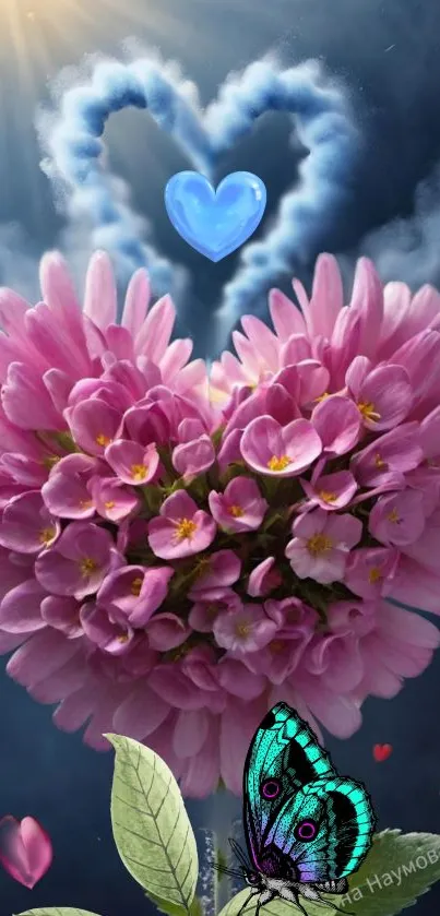 Heart-shaped pink flowers with butterfly on blue background.