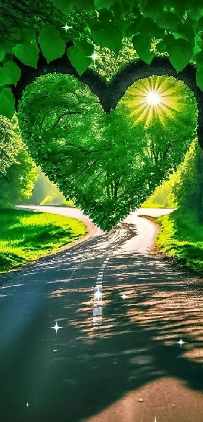 Heart-shaped tree canopy over a forest road with sunlight glowing through leaves.