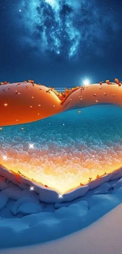 Heart-shaped icy lake reflecting a stunning starry galaxy in a tranquil night scene.