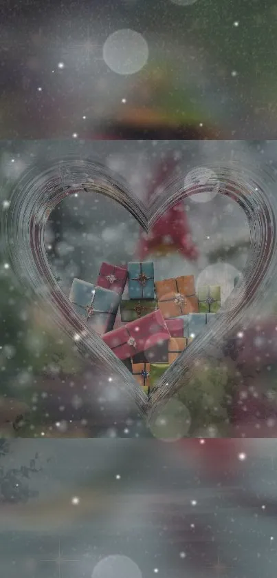 Heart-shaped frame with gifts and snowflakes on dreamy wallpaper.