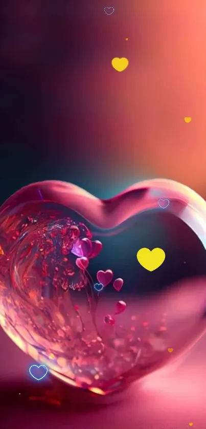 Heart-shaped glass art on pink and orange background.