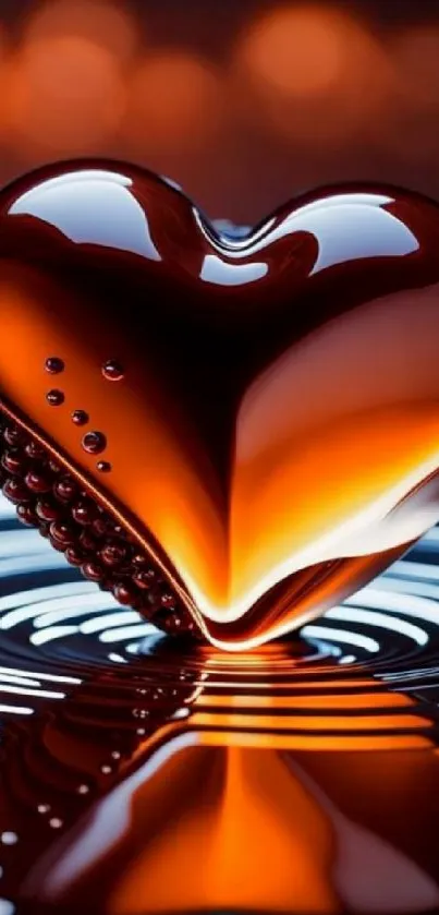 Glossy heart reflecting on water surface.