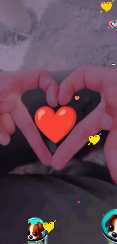 Heart-shaped hands with emojis and red heart on dark background.