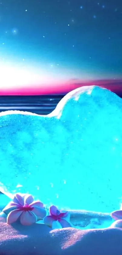 Heart-shaped ice on a vibrant blue beach at sunset.