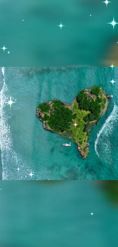 Aerial view of a heart-shaped island in turquoise ocean.