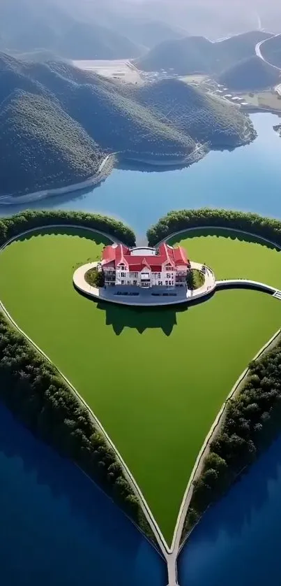 Heart-shaped island with lush greenery surrounded by blue waters.