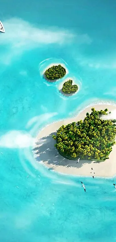 Heart-shaped island in turquoise waters with a passing boat.