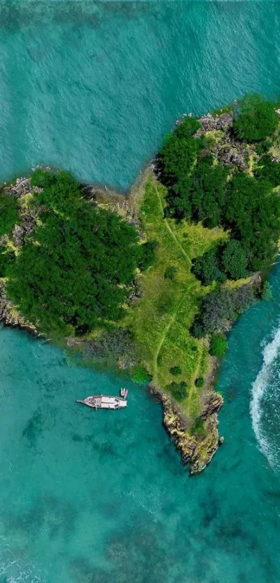 Aerial view of a heart-shaped island with turquoise waters.