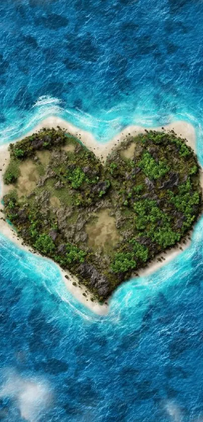 A heart-shaped island surrounded by blue ocean waters.
