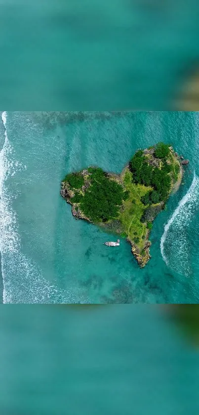 Aerial view of a heart-shaped island in turquoise waters.