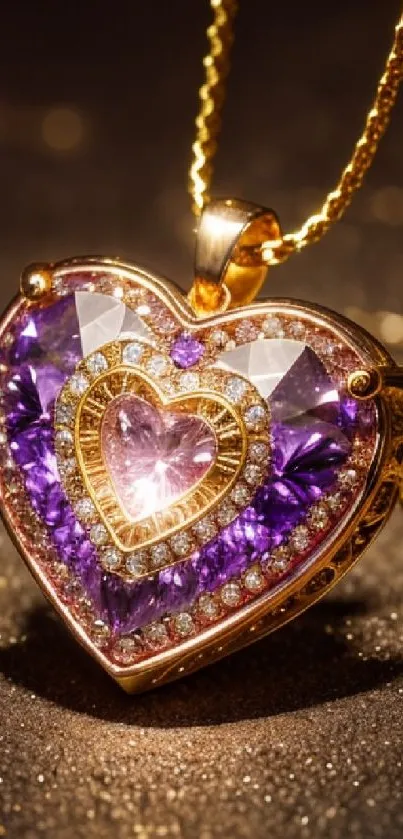 Heart-shaped purple and gold jewel pendant on chain.