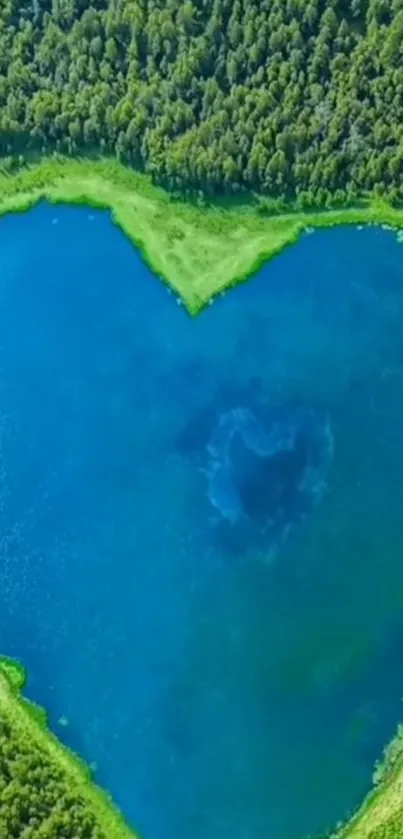 A heart-shaped lake surrounded by lush green forest.