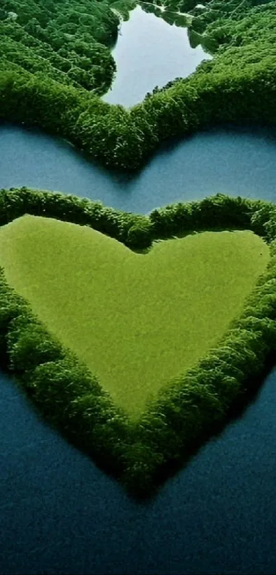 Heart-shaped lake with green hills and blue water.