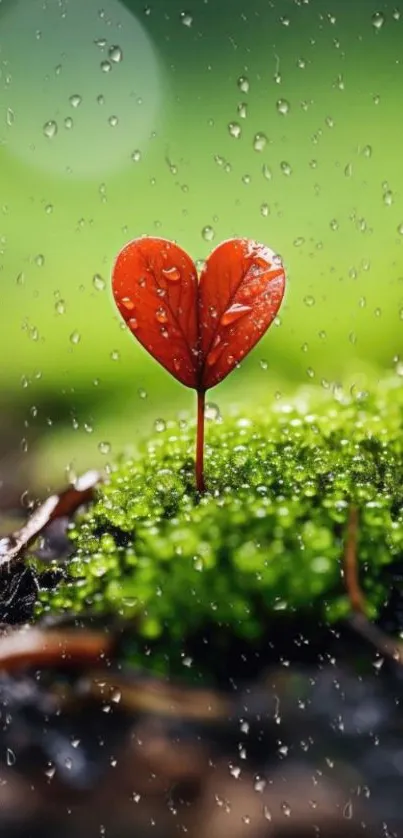 Heart-shaped leaf with raindrops on moss.