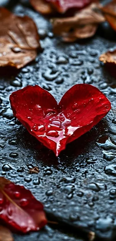 Heart-shaped red leaf on wet stone with autumn leaves.