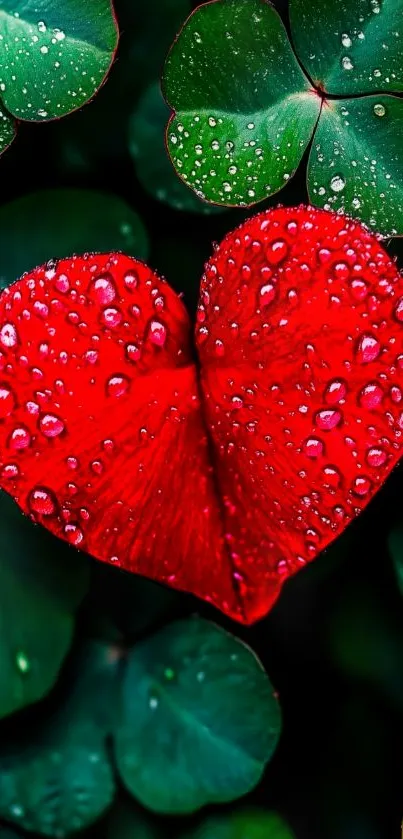 Heart-shaped red leaf with dew on clovers.