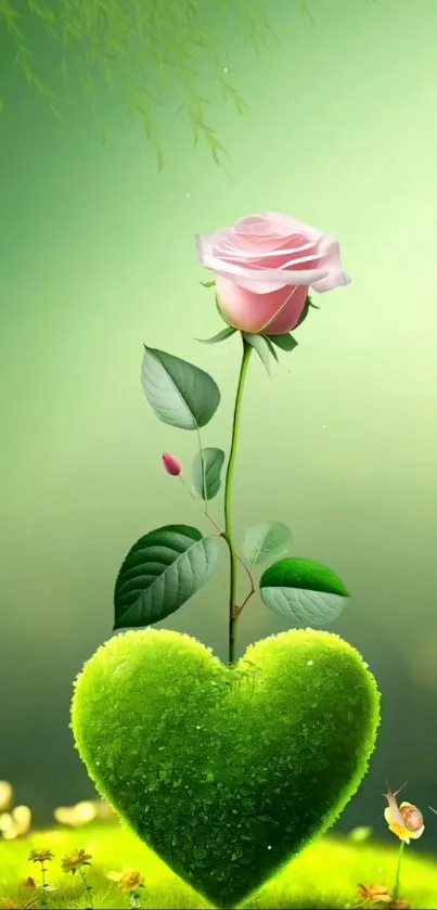 Pink rose with a heart-shaped green leaf.