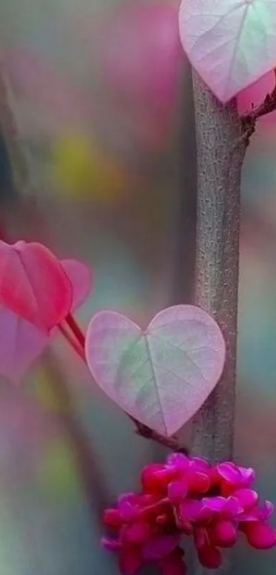 Heart-shaped pink leaves with a serene background.