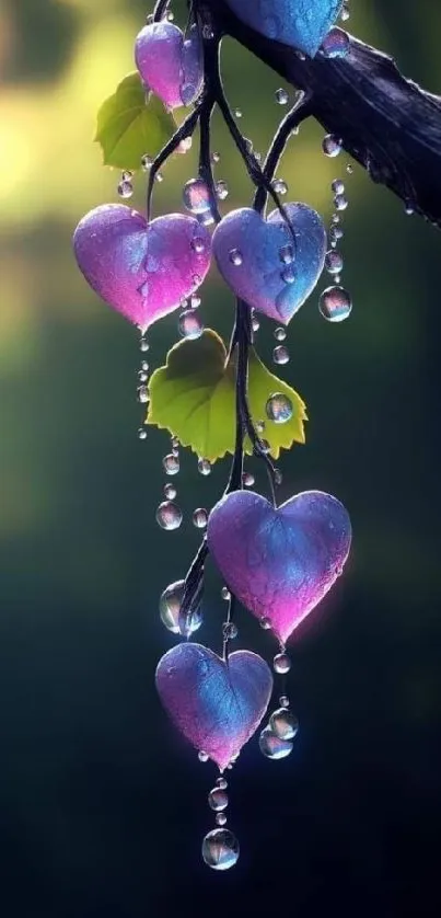 Enchanting heart-shaped leaves with dewdrops on a dark background.