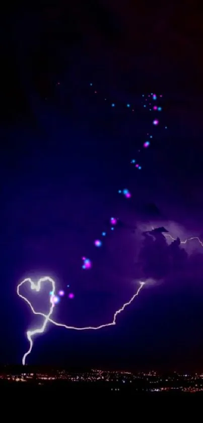 Heart-shaped lightning in purple night sky wallpaper.