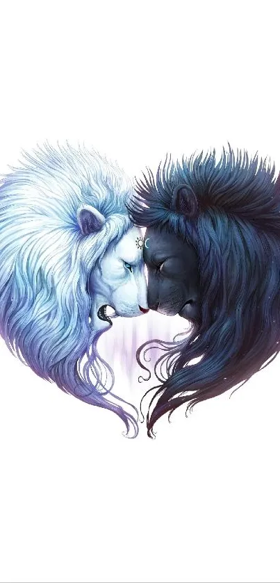 Heart-shaped lion artwork with contrasting black and white lions.