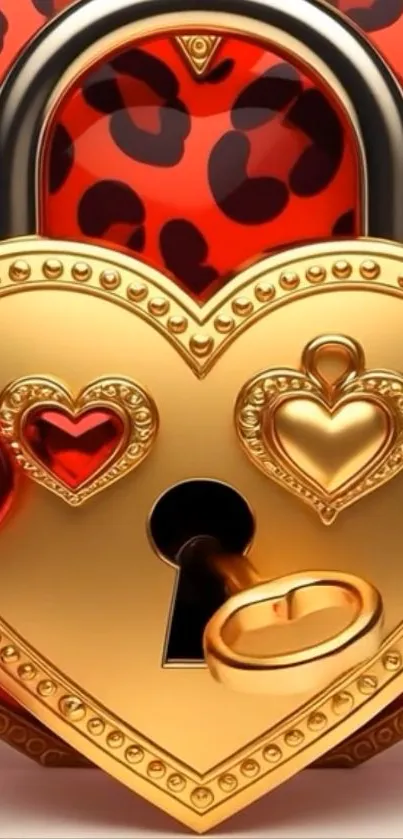 Heart shaped golden lock with key on red animal print background.