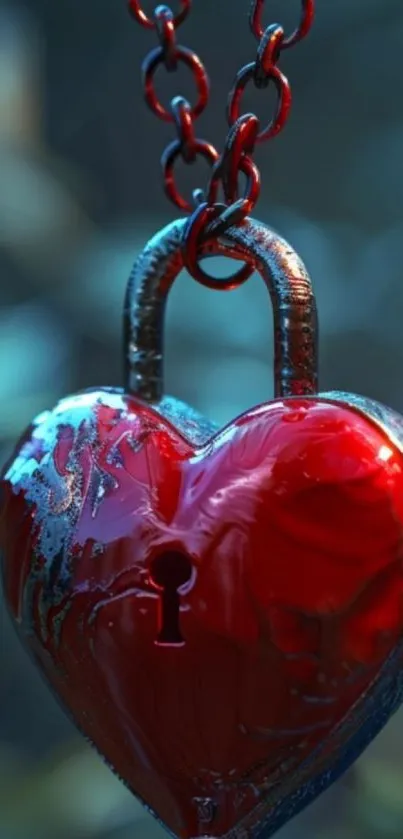 Heart-shaped metal lock hanging on chains.