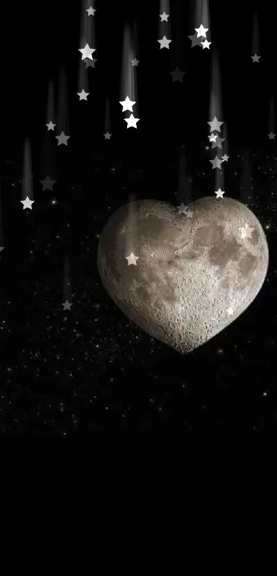 Heart-shaped moon against starry sky background.