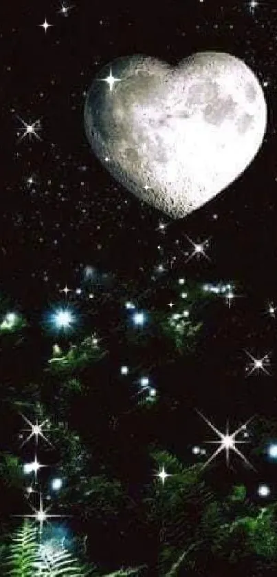 Heart-shaped moon and stars over green ferns in a mystical night scene.