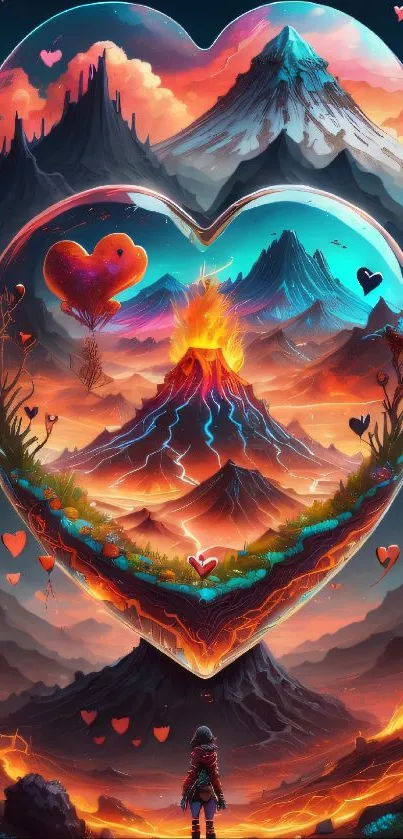 Heart-shaped volcanic mountain with vibrant colors.