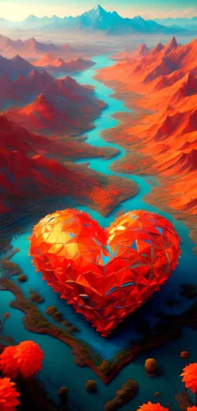 Abstract heart-shaped river in vibrant red landscape wallpaper.