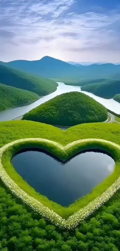 Heart-shaped lake with green mountains and clear sky in nature wallpaper.