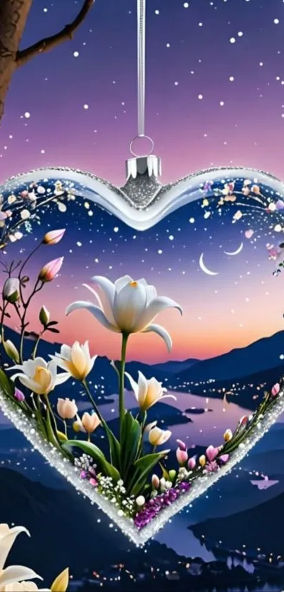 Heart-shaped ornament with flowers and a starry night landscape.