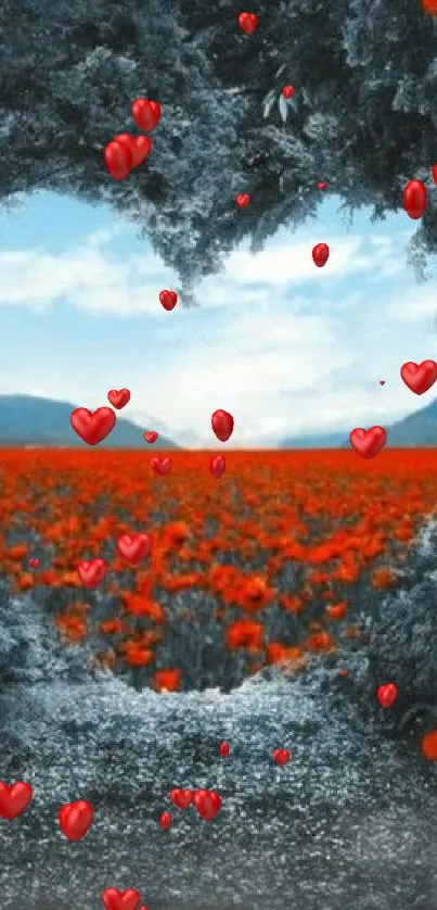 Heart-shaped forest view with red flowers and blue sky.