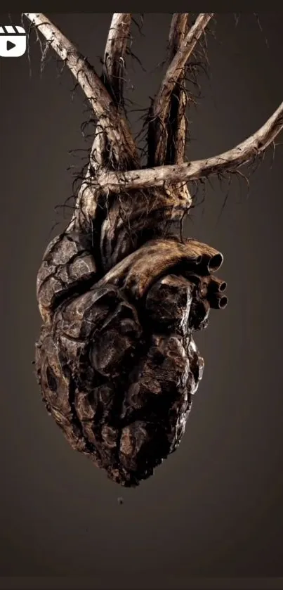 Heart-shaped tree root on dark background, artistic and natural design.