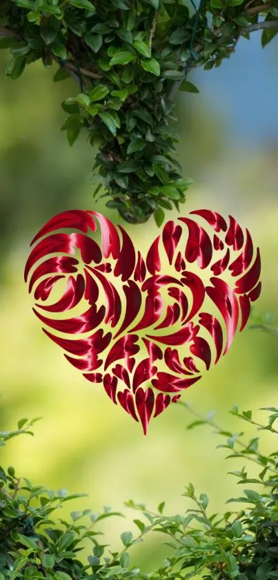 Heart-shaped floral design in leafy embrace on nature background.