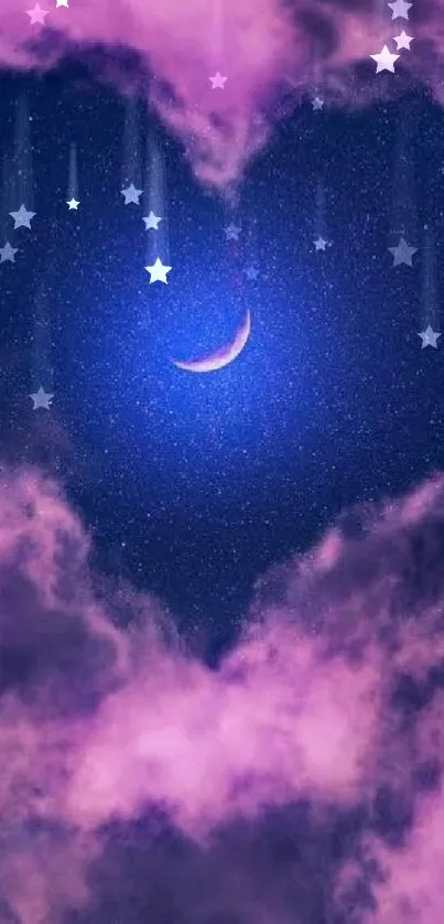 Heart-shaped purple cloud with night sky and crescent moon wallpaper.